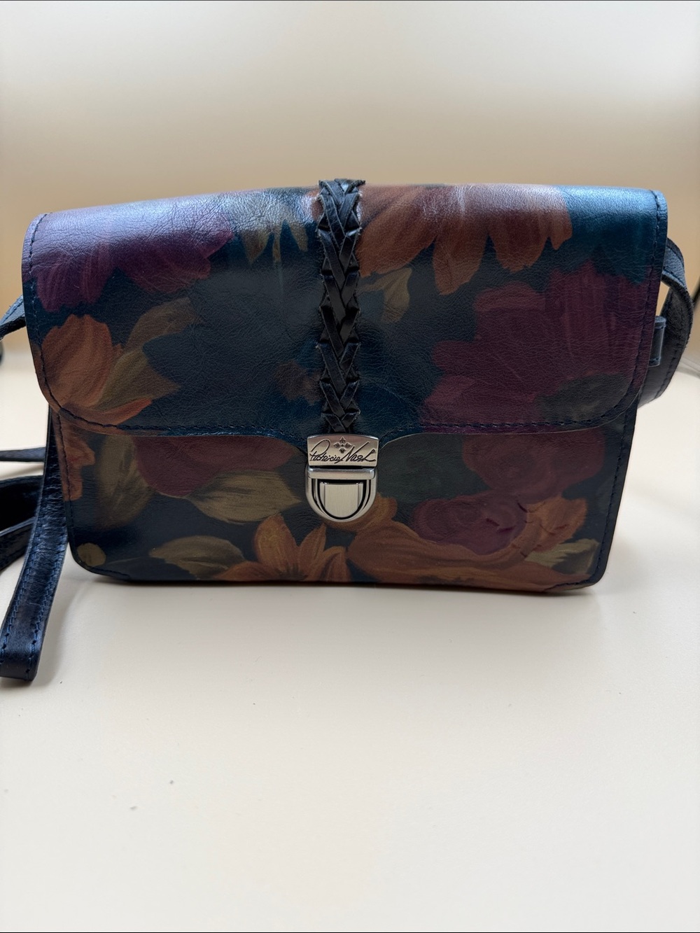 Patricia Nash Navy Floral Leather Crossbody with Silver Hardware